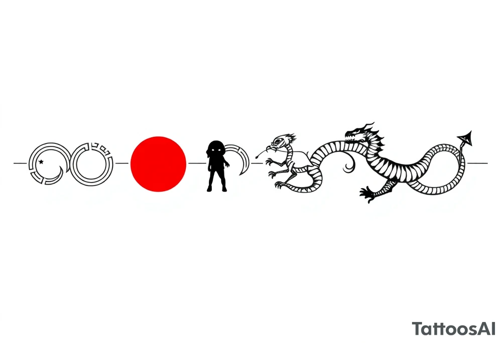 "Ultra-thin horizontal tattoo line art (ratio 15:1), 1px line width, black and red. Seamless repeating pattern for forearm wrap-around.  

Core pattern: Single continuous Greek meander (key pattern) with sharp 90° turns.  

Integrated symbols (minimalist, part of the line):  
- ☀ Red sun: 3mm circle + 4 triangular rays (red)  
- 🏃 Person: 3-line angular silhouette (black)  
- 👽 Alien: equilateral triangle + 2 dot eyes (black)  
- 🐉 Dragon: zigzag with 3 spikes (black)  

Rules:  
1. All symbols must connect to the meander line  
2. No gaps, no shading, no background  
3. Alien near moon, dragon near sun  
4. Perfect loop for 360° continuity  

Style: Ancient Greek meets cyber-minimalism, vector art precision." tattoo idea