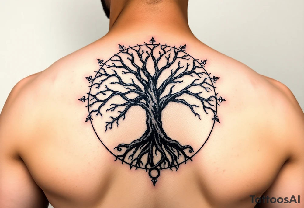 yggadrisl tree of life with circle. names Jai , Phoebe, Imogen, Matilda in the circle tattoo idea