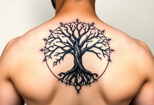yggadrisl tree of life with circle. names Jai , Phoebe, Imogen, Matilda in the circle tattoo idea