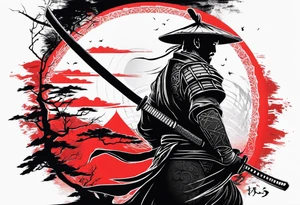 Black abstract of ronin with his katana drawn standing sidewise with a red sun in back groun to show pride tattoo idea