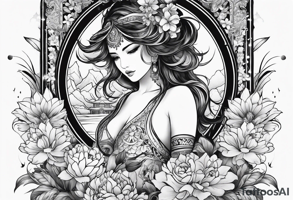 Sleeve tattoo, field of flowers with something cultural and majestic tattoo idea