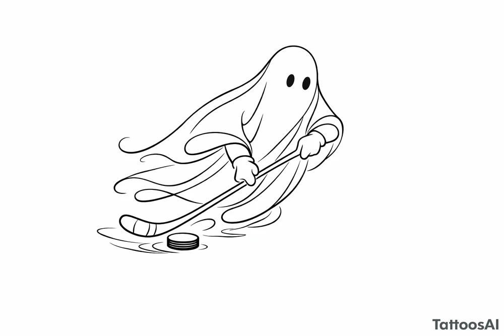 Single line drawing of a ghost stickhandling a puck on ice. tattoo idea