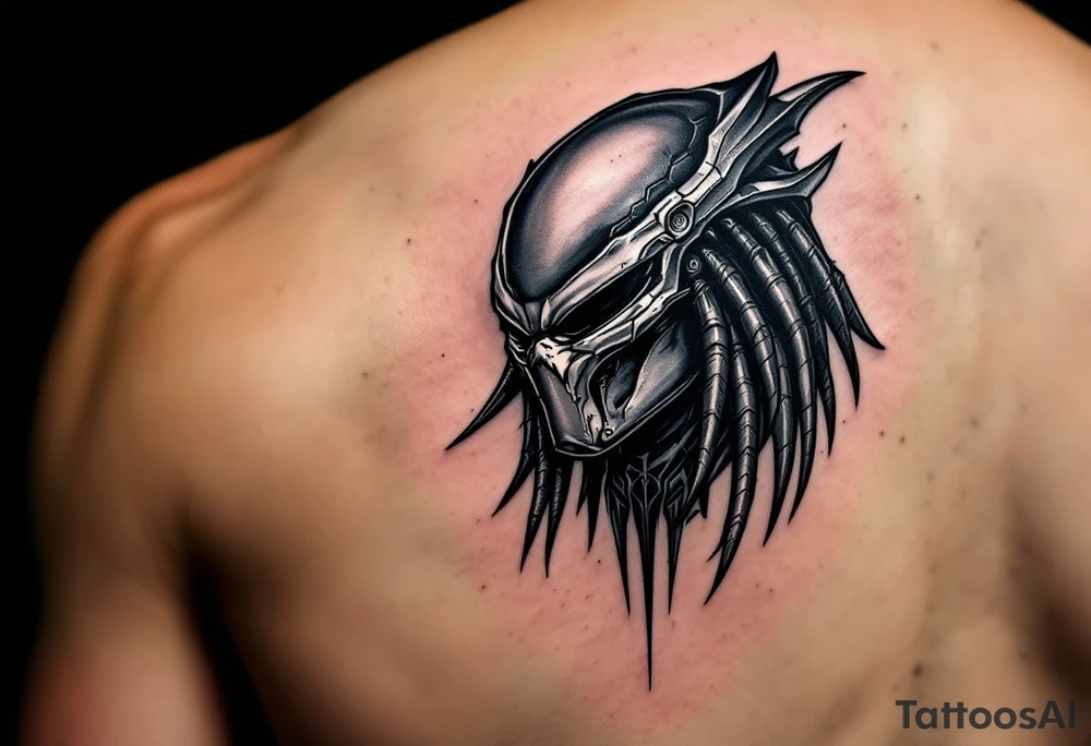 Shadow Spear Predator – A master assassin among the Yautja, featuring midnight-black skin, matte dark silver armor, and a smooth, featureless bio-mask that absorbs light. Specializes in silent takedowns and close combat. tattoo idea