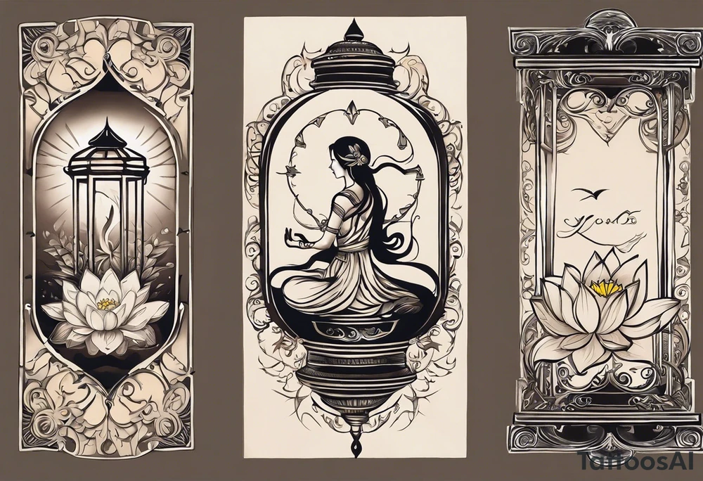 Tattoo Design on forearm Instructions:

Central Hourglass: Place in the middle; dark sand at the top, light sand flowing down.
Lotus Flower: Grow from the base of the hourglass, symbolizing growth from hardship.
Family Scene: On one side, depict two boys holding hands, looking up at a larger protective mother figure.
Betrayal Symbolism: Add a broken chain near the hourglass's bottom; a rising phoenix beside it.
Pathway of Growth: A path with stepping stones leading upwards; include a koi fish, crane, and yin-yang symbols.
Asian Elements: Scatter cherry blossoms, waves, and wind patterns; add Kanji for key values like "loyalty" and "strength."
Color and Style: Use black and grey with hints of pink, white, and orange.
Placement: Best as a sleeve or back piece for full detail and flow. tattoo idea