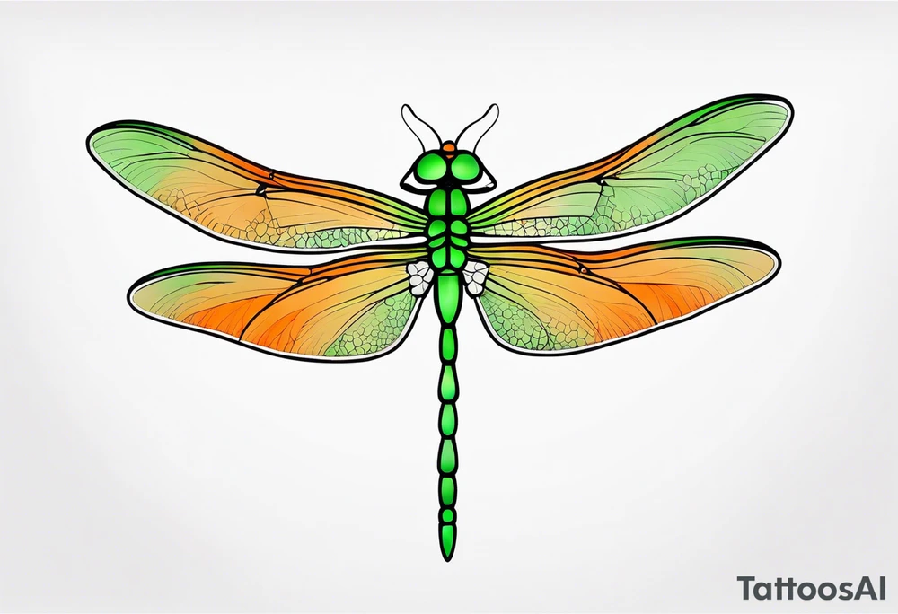 green and orange dragonfly on a twig tattoo idea