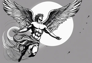 icarus greek god flying into the sun and falling down into a rainbow tattoo idea