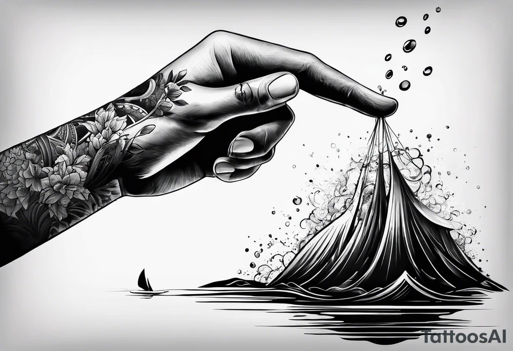 a hand that reaches above a waterline and trys to grab a string, which is handed by another hand tattoo idea