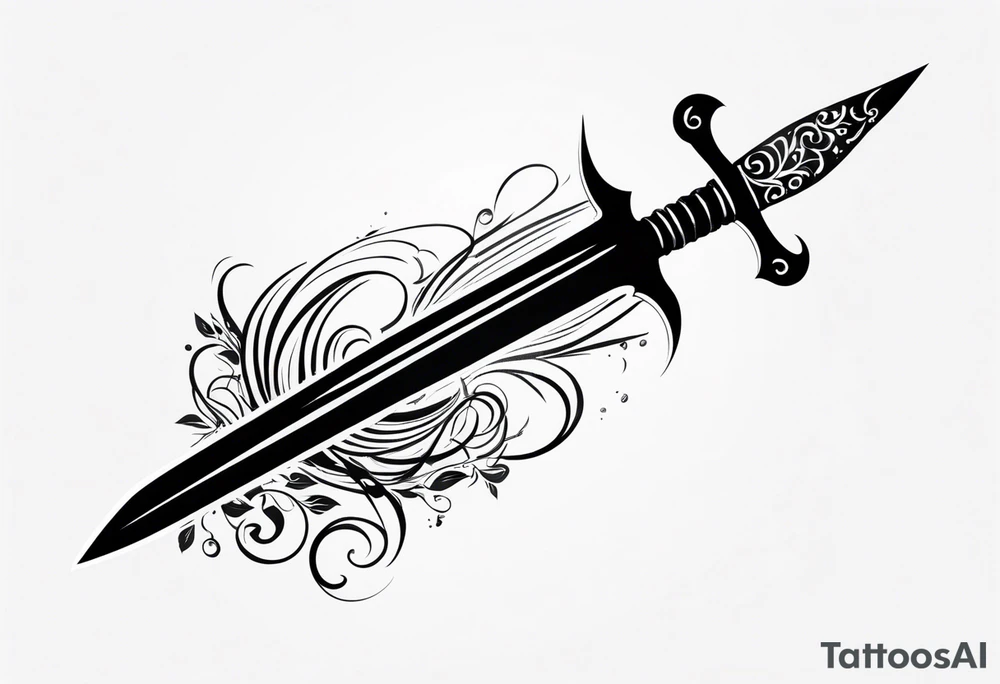 Feminine magical dagger with a splash of water swirling around it upwards tattoo idea