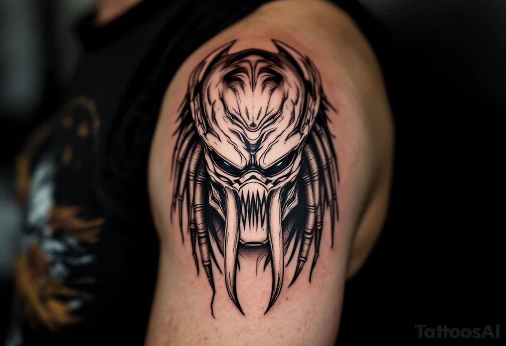 Tracker Predator – A bestial, primal version of the Predator from Predators (2010), featuring deep brown and gray reptilian skin, minimal armor, and three mechanical, tusk-like mandibles on its mask. Uses a hunting beast instead of technology. tattoo idea