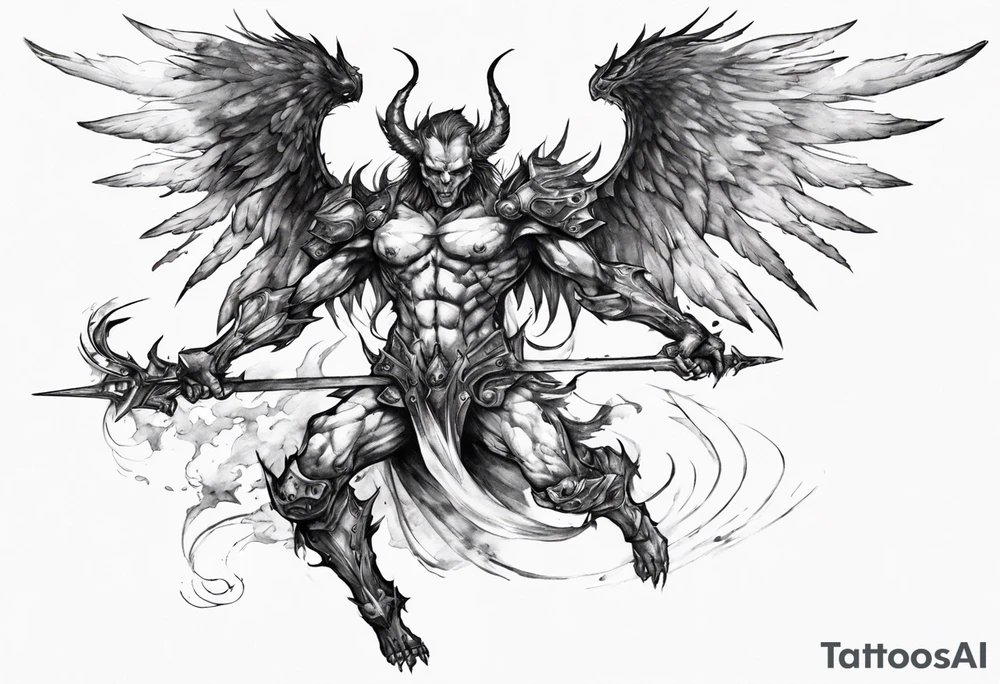 Side view of a demon angel wearing inorganic armor that is in mid-air with his weapon in attack position. tattoo idea
