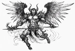 Side view of a demon angel wearing inorganic armor that is in mid-air with his weapon in attack position. tattoo idea