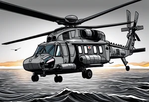 canadian military grey helicopter cyclone CH-148, a helicopter flying over rough water, Clear sky, sunset
, military art, ocean specular, highly detailed background, tattoo idea