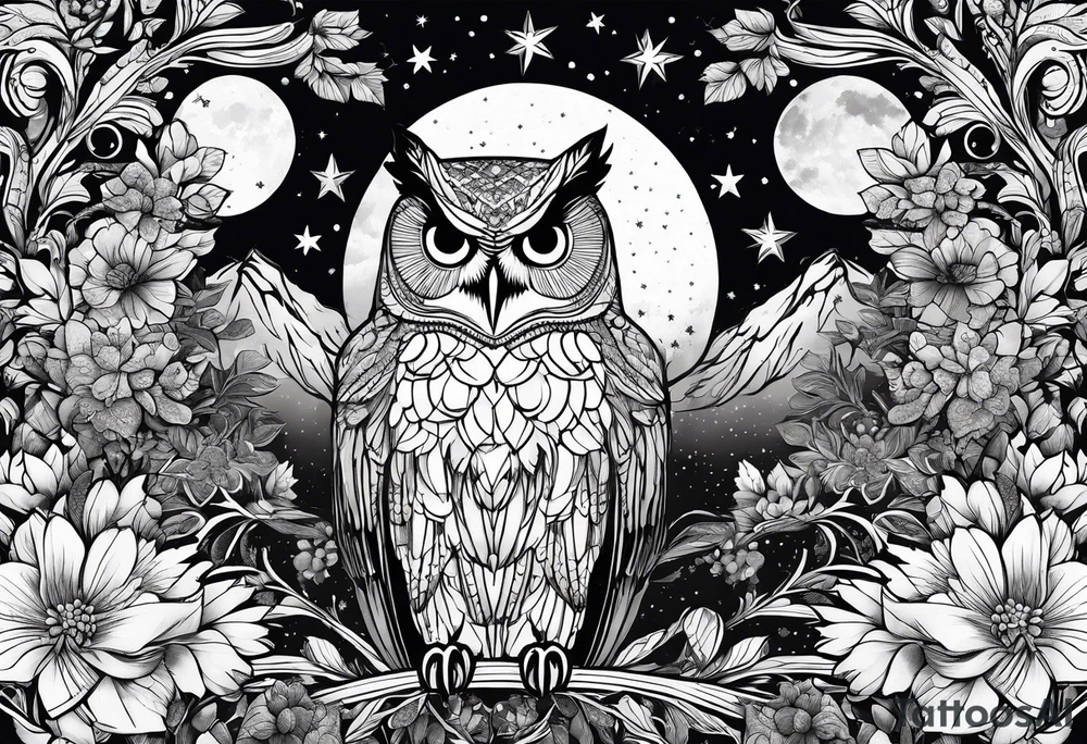 Winter sky, flowers, owls, stars, tattoo idea