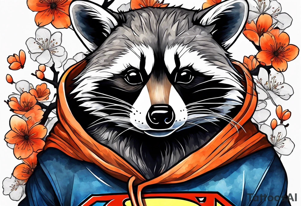raccoon wearing a black and white Superman hoodie and orange Japanese cherry blossoms tattoo idea