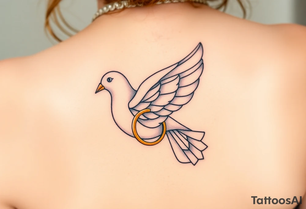 A collared dove with a golden wedding ring clasped in its talons, in a soft golden hue with the dove in pale gray and white, symbolizing commitment and eternal love tattoo idea