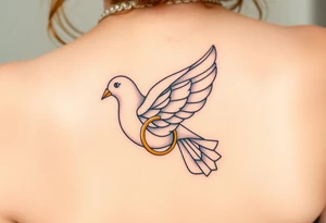 A collared dove with a golden wedding ring clasped in its talons, in a soft golden hue with the dove in pale gray and white, symbolizing commitment and eternal love tattoo idea