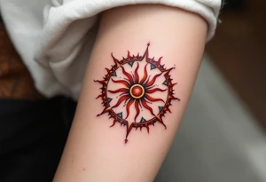 Kolovrat — A bold red eight-spoked sun wheel rotating clockwise, set in a circle with carved stone texture and shadowed edges, surrounded by flame-like rays. tattoo idea