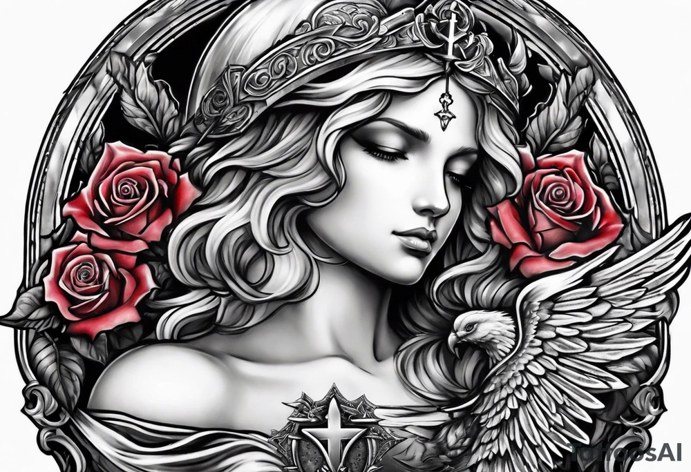 Armored angel holding a cross and colored roses tattoo idea Armored angel holding a cross and colored roses tattoo idea
