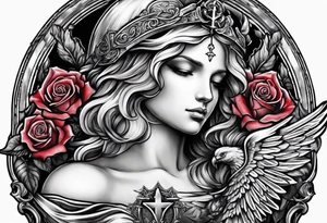 Armored angel holding a cross and colored roses tattoo idea