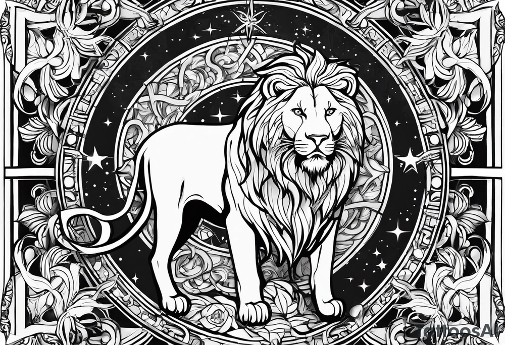 A tattoo in delicate style, so gentle. The zodiac sign, Leo. The sketch should include fire, something delicate like that, and the numbers 7 and 8. tattoo idea