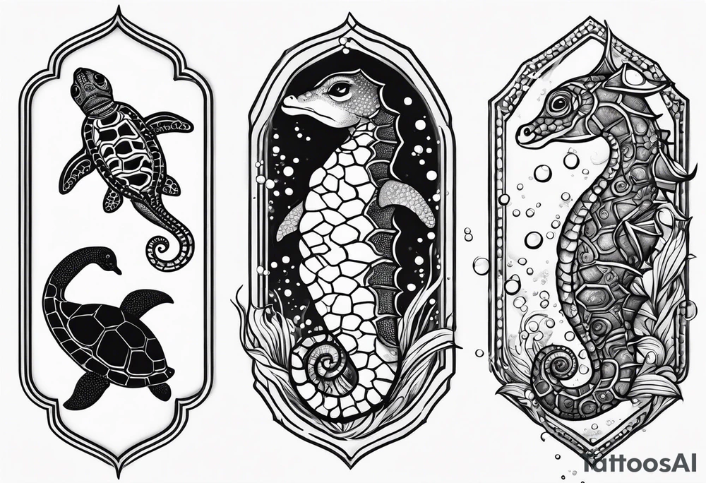 Small Starfish, Seahorse and turtle in a vertical line with bubbles tattoo idea Small Starfish, Seahorse and turtle in a vertical line with bubbles tattoo idea