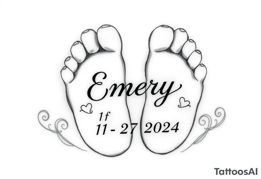 Baby feet with the name Emery and his date of birth in Roman numbers 11/27/2024 and his weight 5 pounds 12 ounces tattoo idea