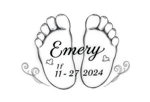 Baby feet with the name Emery and his date of birth in Roman numbers 11/27/2024 and his weight 5 pounds 12 ounces tattoo idea