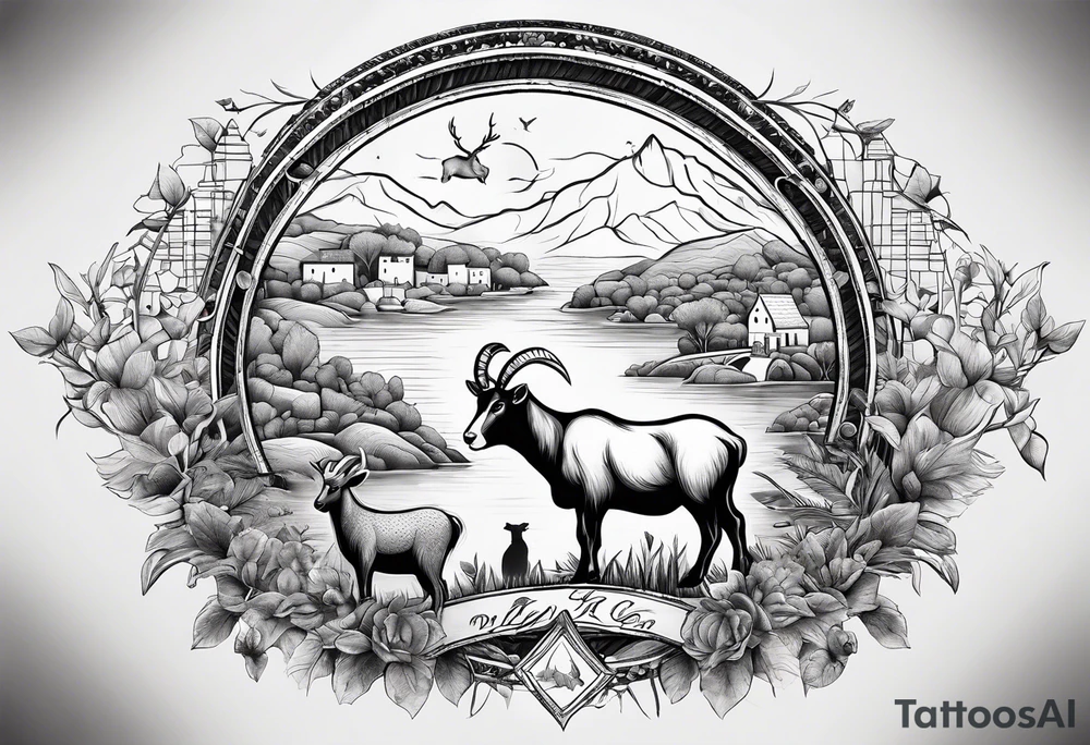 A badger, a goat and a reindeer on Noah's ark inside the outlines of Map of Mallorca tattoo idea