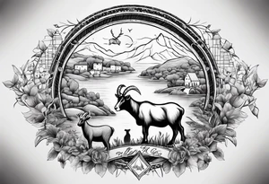 A badger, a goat and a reindeer on Noah's ark inside the outlines of Map of Mallorca tattoo idea