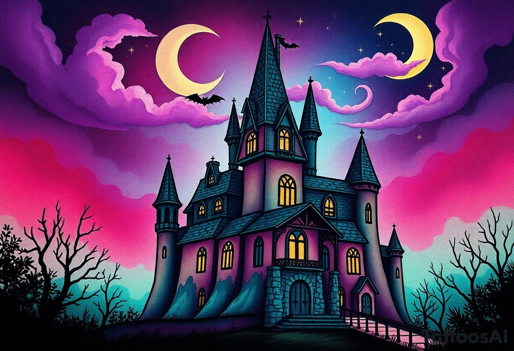 Tim Burton’s sleeping beauty’s haunted castle is abandoned and dripping with muted reds, dusty pinks, and eerie green glow.purple and cyan smokey clouds swirl in the crescent moonlit sky thats sprinkled with kawaii stars underneath the castle an adorable bat spreads its wings to take flight in the style of angelo parente tattoo idea tattoo idea