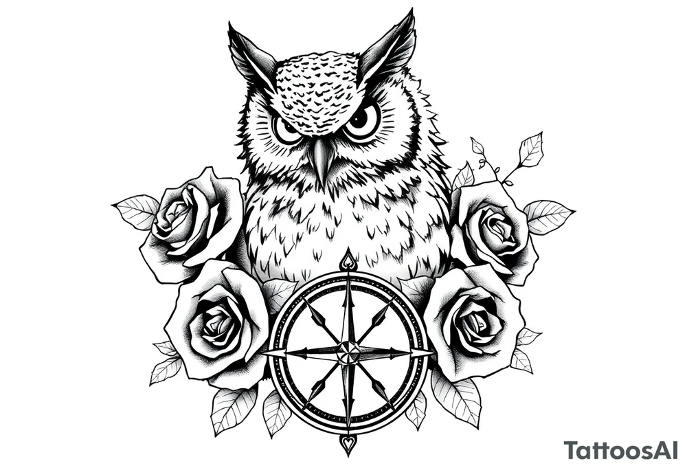 an owl,roses,compass. tattoo idea