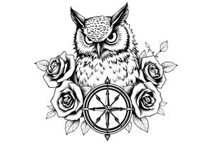 an owl,roses,compass. tattoo idea
