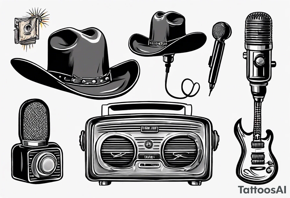 Old school radio and microphone with a cowboy hat on top. tattoo idea