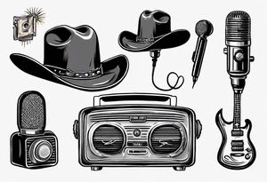 Old school radio and microphone with a cowboy hat on top. tattoo idea