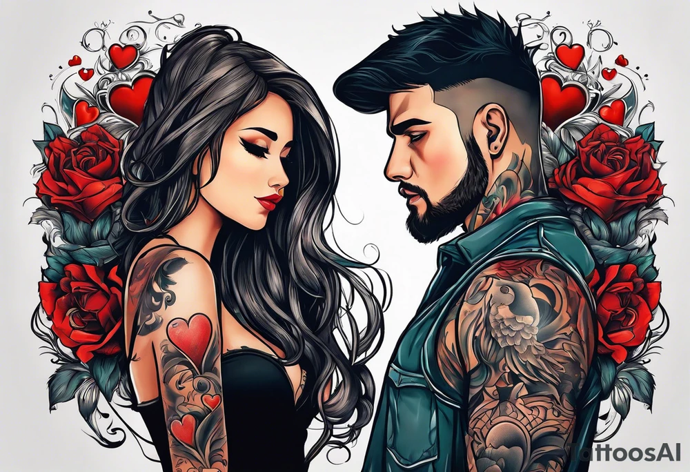 In thiele sfumato. A girl with an empty heart and a guy with a burning heart. They stand back to back tattoo idea
