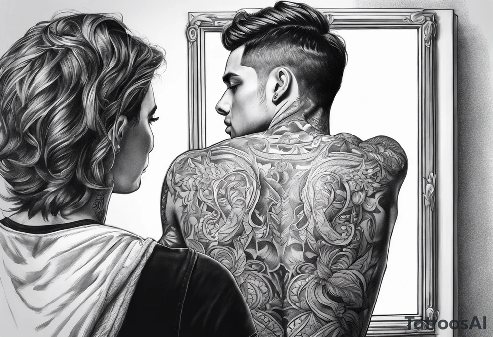 Transgender man looking in mirror from the back to a girl tattoo idea