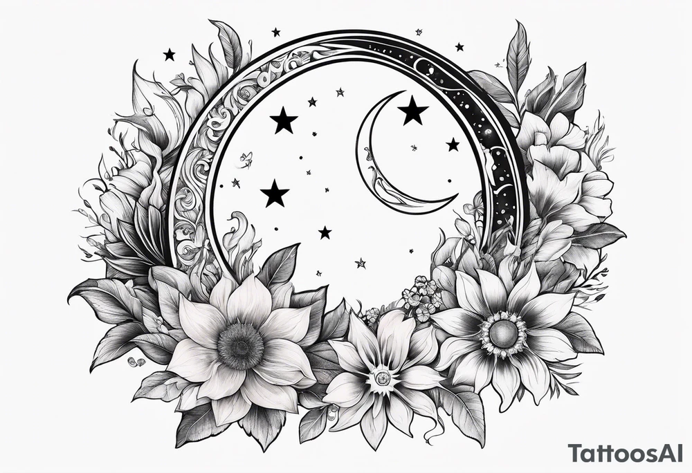 Floral sun and moon tattoo idea