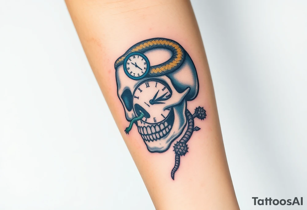 Skull with a snake going through its eyes or mouth include a clock and prickly vines tattoo idea