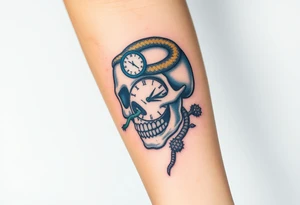 Skull with a snake going through its eyes or mouth include a clock and prickly vines tattoo idea