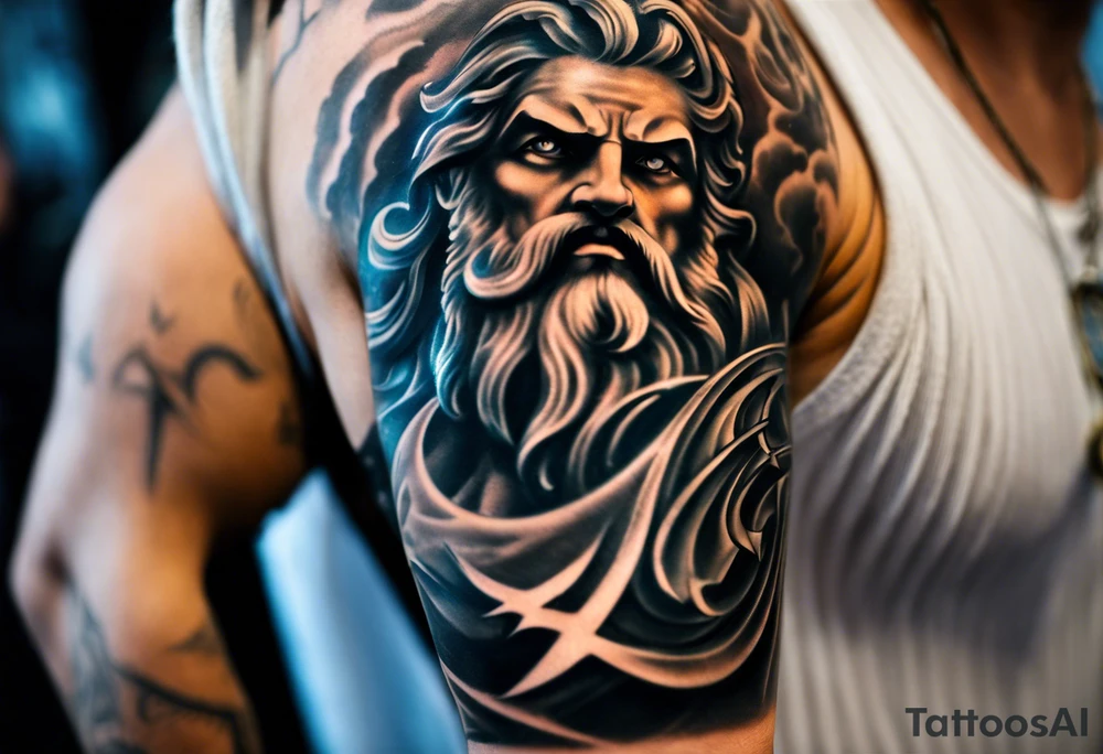 Full left arm tattoo sleeve with the Greek gods, Zeus, Poseidon and Hades. Zeus' face with a lightning bolt coming out of one eye is at the left shoulder, Poseidon's  face with a trident as one of his eyes is at the left upper arm and Hades' face with 
a bident as one of his eyes is at the left forearm. tattoo idea