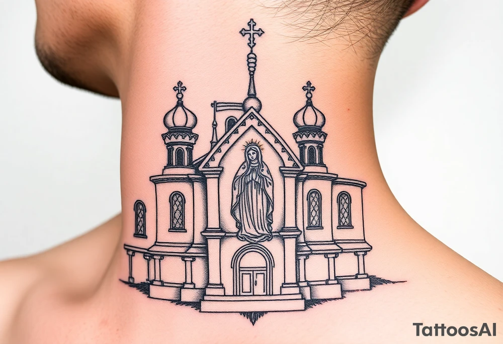 medium sized Russian orthodox church with bulb domes with a prominent russian orthodox style virgin mary stood tattoo idea