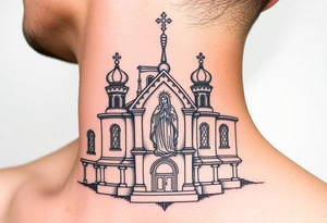 medium sized Russian orthodox church with bulb domes with a prominent russian orthodox style virgin mary stood tattoo idea