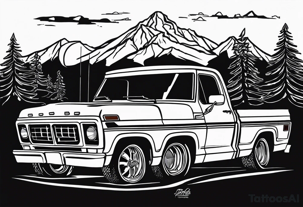 1974 ford f-100 in front of mountains tattoo idea