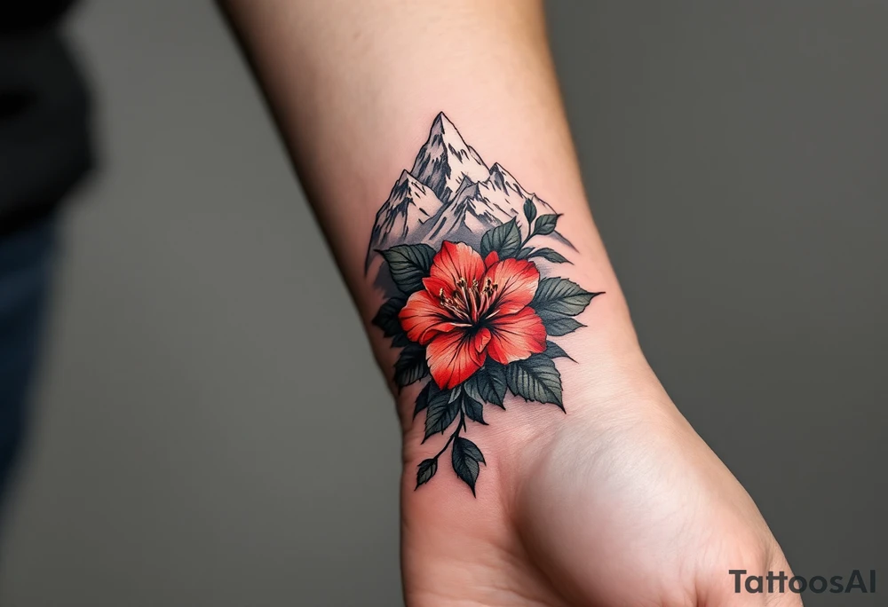 wrap around entire wrist red  and black rhododendron trippy with Himalayas behind tattoo idea