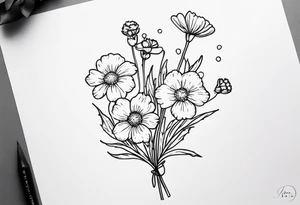 a simplistic bouquet of forget me not flowers, carnation flowers, and aster flowers with a stem that goes into the phrase “papa 09/17/52 - 01/17/24” tattoo idea