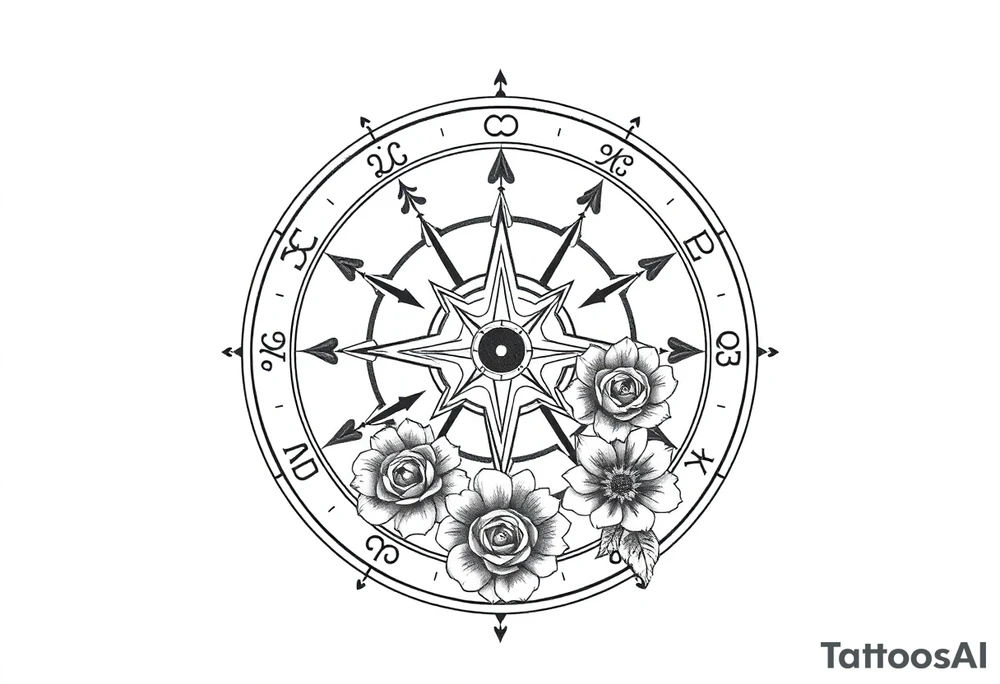 zodiac symbols the elements and Norse runes within ornate compass with roses lilly sunflowers tattoo idea