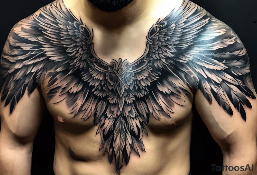 wings tattoo extending from a mens shoulders, covering the upper arms and upper back. The feathers are intricately detailed, with soft shading in black and gray to create depth and texture. tattoo idea