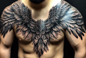 wings tattoo extending from a mens shoulders, covering the upper arms and upper back. The feathers are intricately detailed, with soft shading in black and gray to create depth and texture. tattoo idea