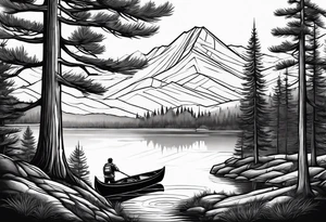 Path to lake by pine tree with canoe tattoo idea