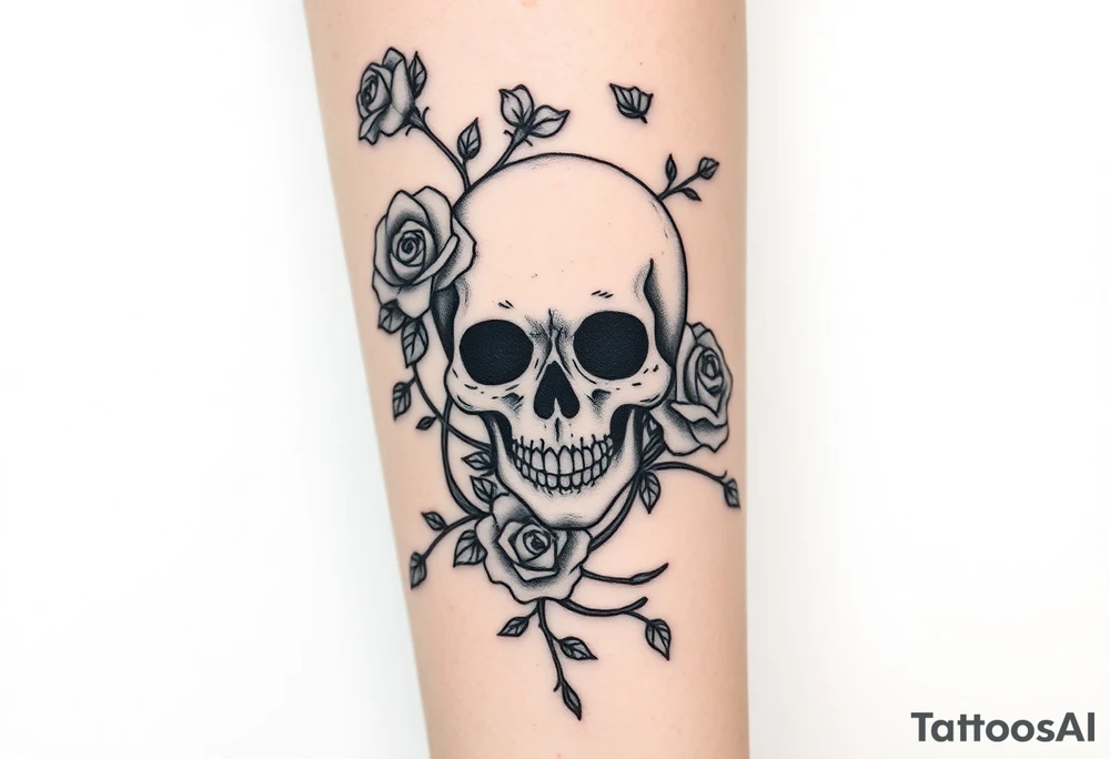 gothic skull intertwined with climbing roses and thorny vines tattoo idea